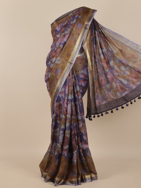 

Pothys Blue & Brown Floral Printed Zari Pure Silk Saree