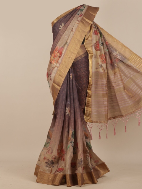 

Pothys Brown & Gold-Coloured Floral Printed Phulkari Pure Silk Saree
