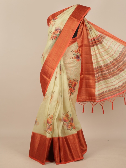 

Pothys Cream-Coloured & Orange Floral Zari Pure Phulkari Silk Saree