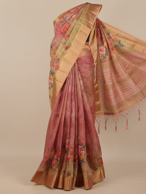 

Pothys Pink & Green Floral Pure Silk Saree
