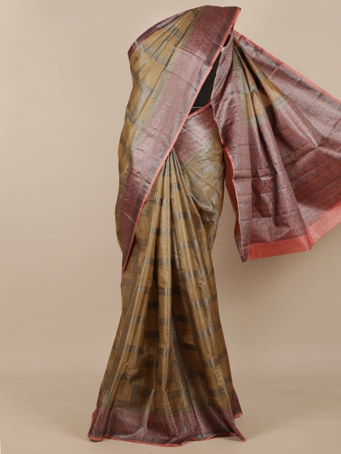 

Pothys Tan & Pink Ethnic Motifs Zari Pure Silk Tussar Saree