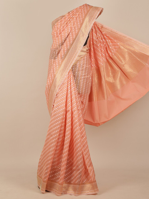 

Pothys Peach & Gold-Coloured Ethnic Motifs Woven Design Kosa Pure Silk Saree