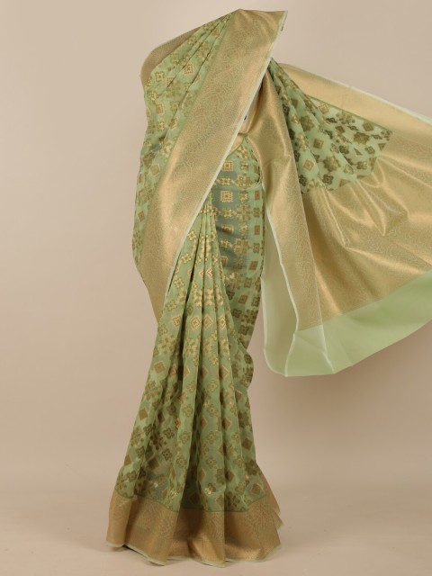 

Pothys Olive Green & Gold-Toned Zari Pure Silk Saree