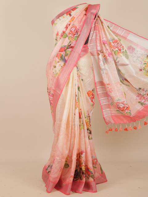 

Pothys Peach-Coloured & Green Floral Pure Silk Saree