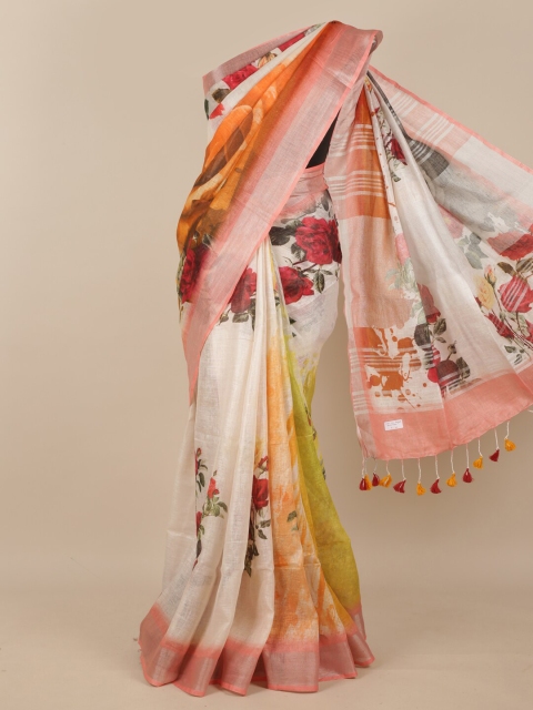 

Pothys Cream-Coloured & Red Floral Printed Pure Silk Saree