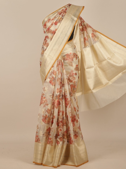 

Pothys Cream-Coloured & Rust Floral Printed Zari Pure Silk Saree