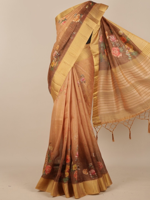 

Pothys Brown & Gold-Coloured Floral Printed Phulkari Pure Silk Saree