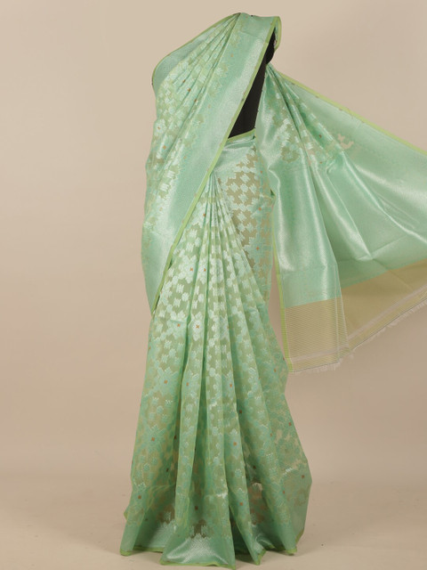

Pothys Green & Silver-Toned Woven Design Pure Silk Saree