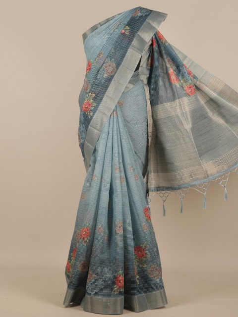 

Pothys Blue & Gold-Coloured Floral Printed Phulkari Pure Silk Saree