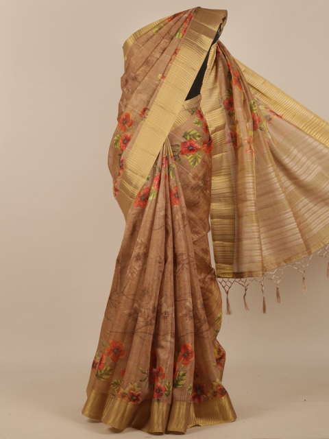 

Pothys Tan & Red Floral Zari Pure Phulkari Silk Saree