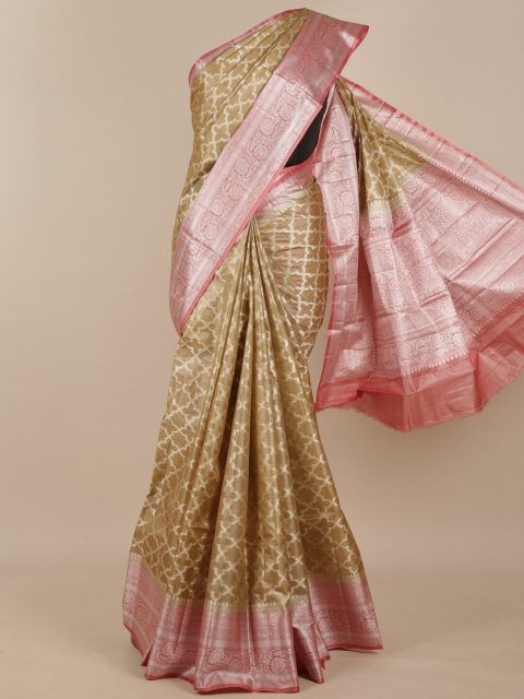 

Pothys Tan & Pink Geometric Zari Woven Design Pure Silk Tussar Saree