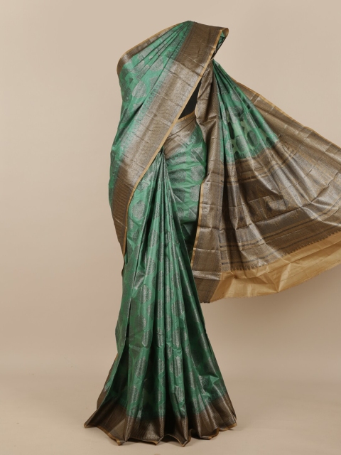 

Pothys Green & Brown Ethnic Motifs Zari Pure Silk Tussar Saree