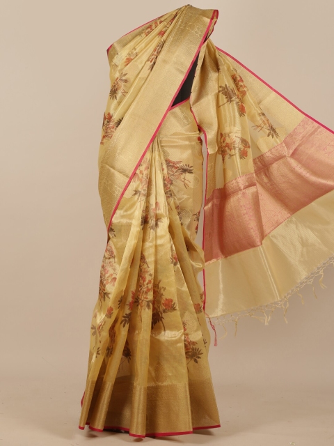 

Pothys Gold-Coloured & Pink Floral Printed Kosa Pure Silk Saree