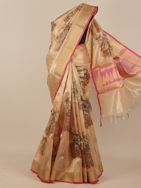 

Pothys Peach-Coloured & Pink Floral Pure Silk Saree