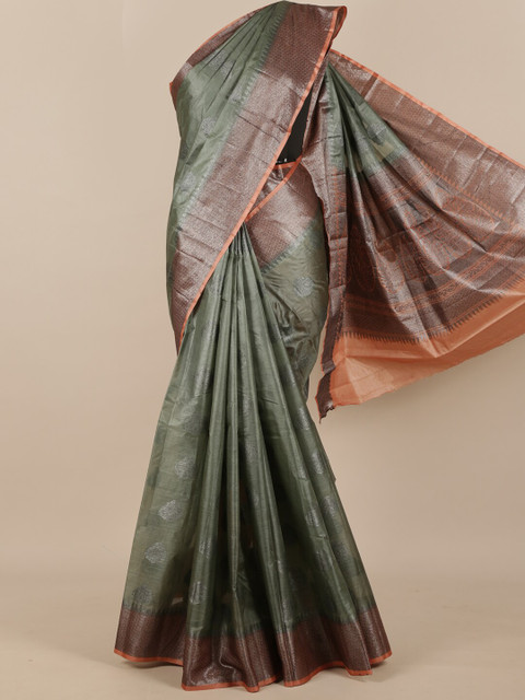 

Pothys Grey & Silver-Toned Ethnic Motifs Zari Pure Silk Tussar Saree