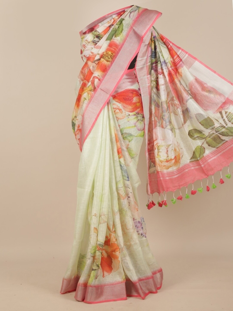 

Pothys Lime Green & Pink Floral Pure Silk Saree