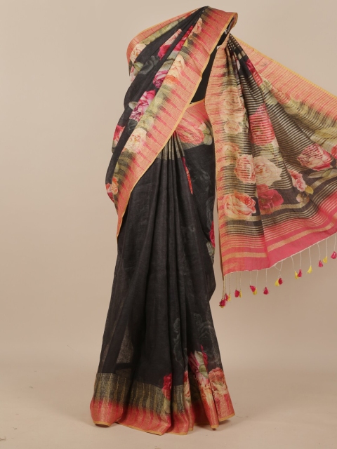 

Pothys Black & Pink Floral Printed Zari Pure Silk Saree