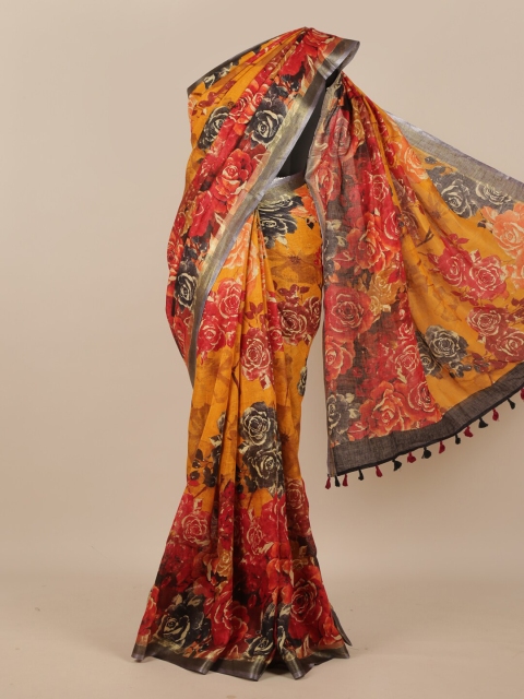 

Pothys Mustard & Red Floral Printed Matka Pure Silk Saree