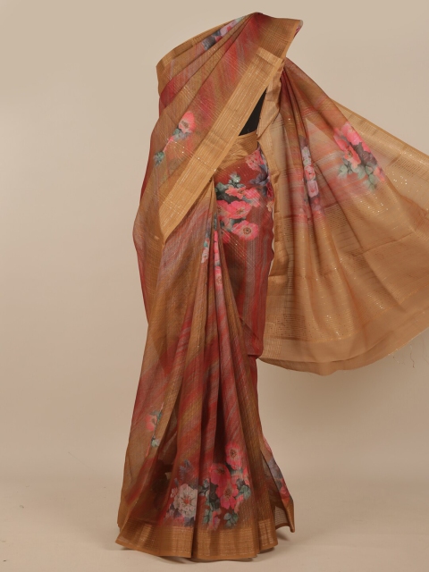 

Pothys Tan Brown & Pink Floral Zari Pure Silk Saree