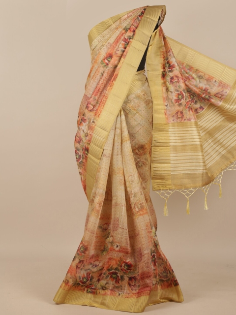

Pothys Beige & Green Floral Printed Pure Silk Saree