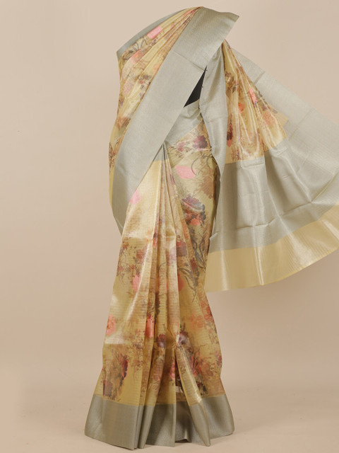

Pothys Cream-Coloured & Pink Floral Zari Pure Silk Saree