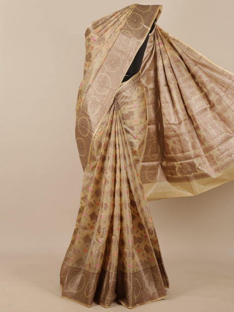 

Pothys Beige & Gold Ethnic Motifs Zari Pure Silk Tussar Saree