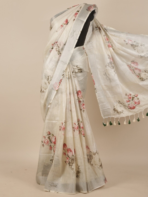 

Pothys Off White & Red Floral Printed Zari Pure Silk Tussar Saree