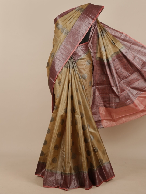 

Pothys Tan Brown & Pink Ethnic Motifs Pure Silk Tussar Saree