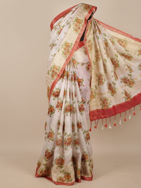 

Pothys Cream-Coloured & Red Floral Printed Matka Pure Silk Saree