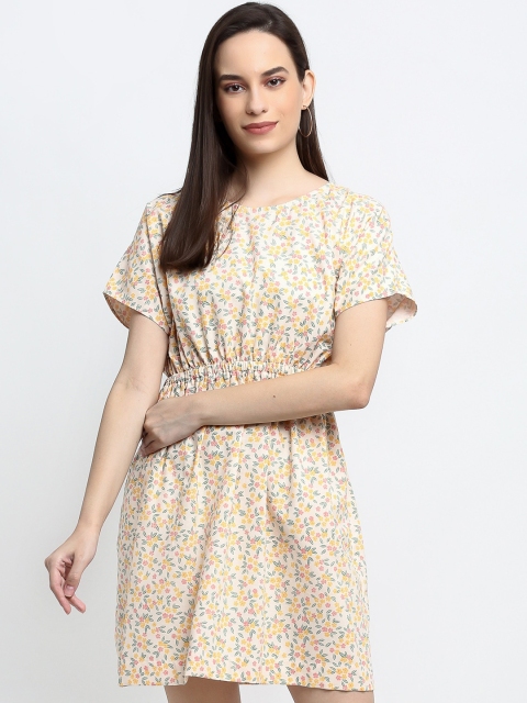 

THE UKKIYO LIFE Women Yellow & Pink Floral Cotton A-Line Dress