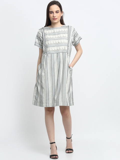 

THE UKKIYO LIFE Women White & Black Striped Cotton T-shirt Dress