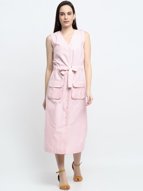 

THE UKKIYO LIFE Women Peach-Coloured & White Striped Cotton Shirt Midi Dress