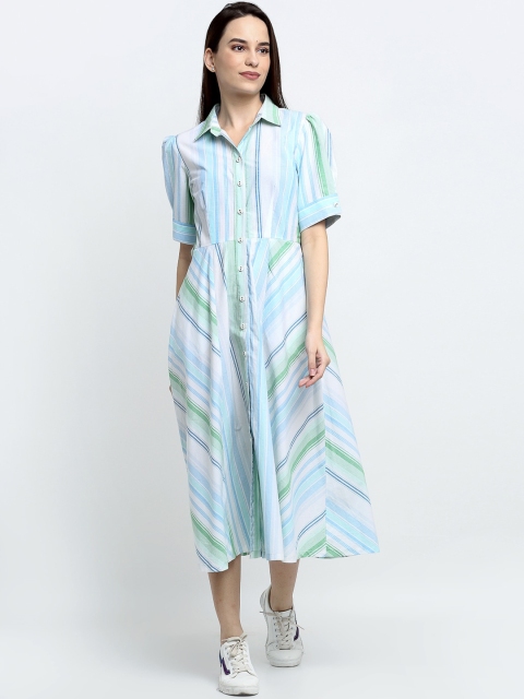 

THE UKKIYO LIFE Women Green & Blue Striped Cotton Shirt Midi Dress