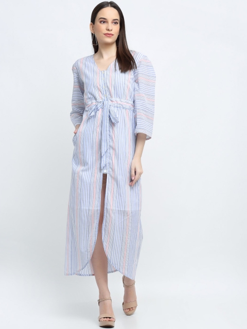 

THE UKKIYO LIFE Women Blue & Pink Striped Cotton Maxi Dress