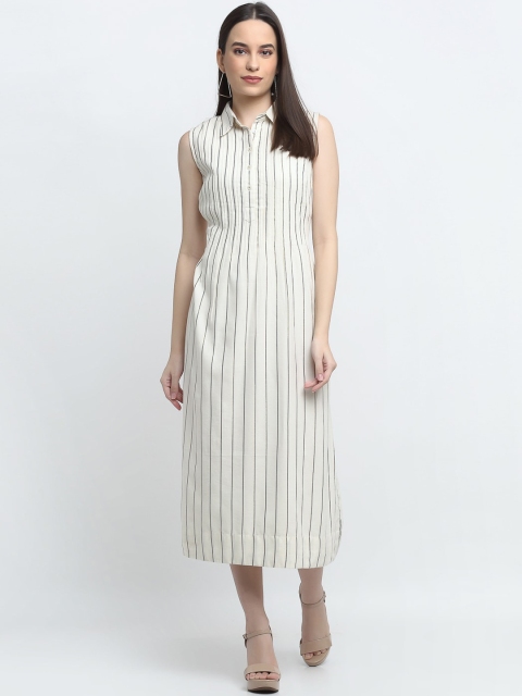 

THE UKKIYO LIFE Women Off White & Black Striped Cotton Shirt Midi Dress
