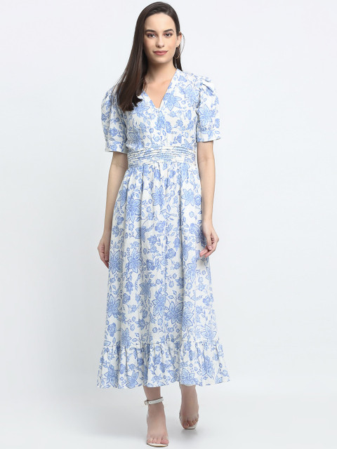 

THE UKKIYO LIFE Women Blue & White Floral Printed Linen Maxi Dress