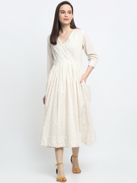 

THE UKKIYO LIFE Women Off White & Gold-Toned Cotton Midi Dress