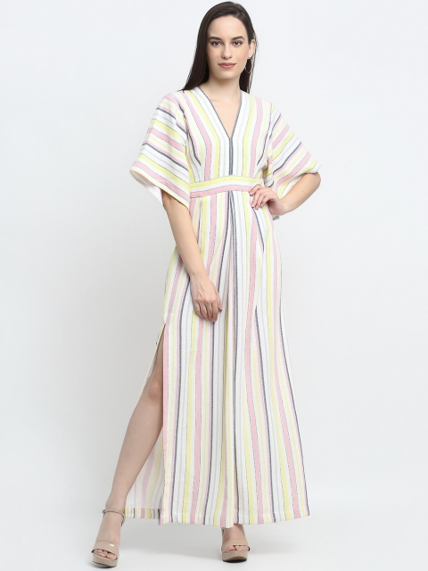 

THE UKKIYO LIFE Women Pink & Yellow Striped Cotton Maxi Dress