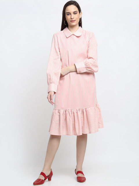 

THE UKKIYO LIFE Women Peach-Coloured Striped Cotton Shirt Dress