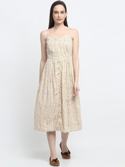 

THE UKKIYO LIFE Women Yellow Pure Cotton Floral Printed Midi Dress