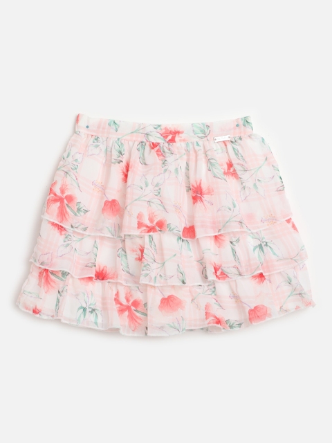 

One Friday Girls White & Pink Floral Printed Tiered Skirt