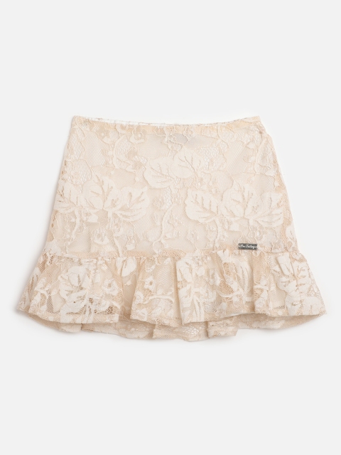 

One Friday Girls Cream-Coloured Lace Floral Self-Design Peplum Skirt