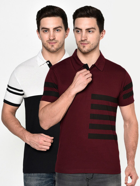

ELEGANCE Men Pack Of 2 White & Maroon Striped Polo Collar T-shirts