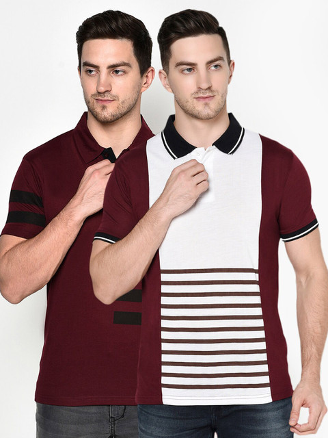 

ELEGANCE Men Pack of 2 Maroon & White Striped Polo Collar T-shirt