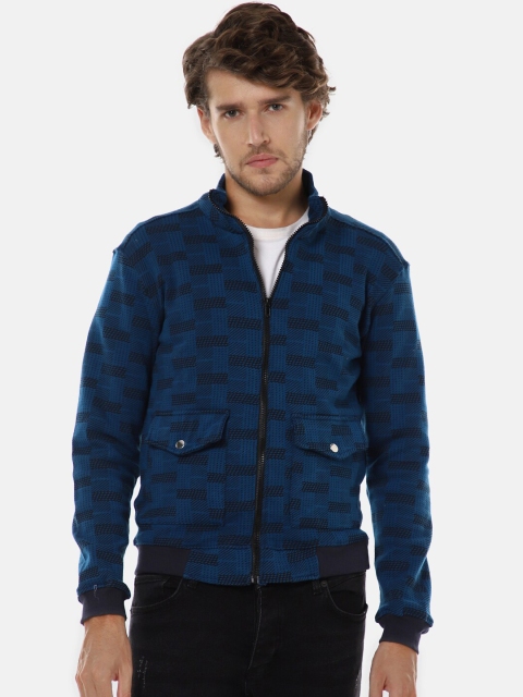

Campus Sutra Men Blue Geometric Checked Windcheater Biker Jacket