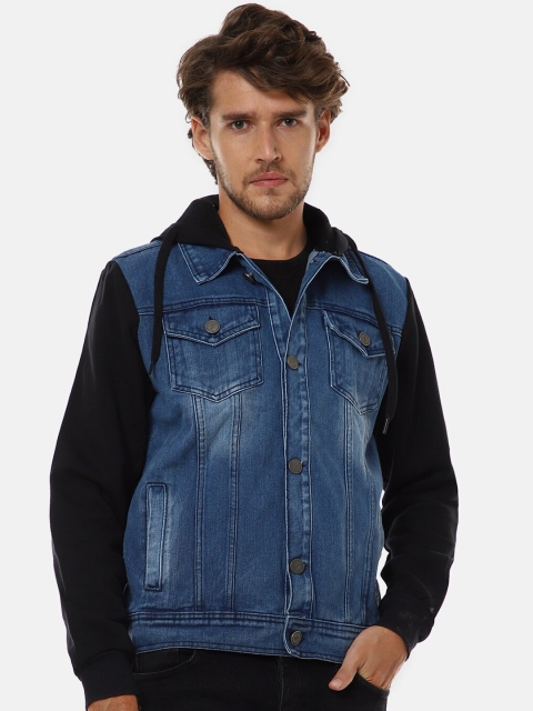 

Campus Sutra Men Blue & Black Washed Windcheater Denim Jacket