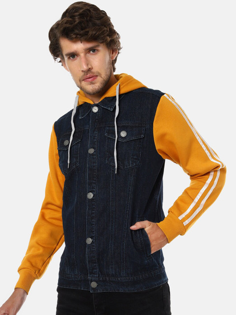

Campus Sutra Men Charcoal Mustard Washed Colourblocked Windcheater Denim Jacket