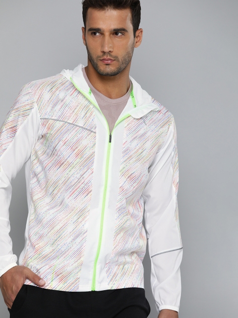 

Puma Men White & Blue Printed Graphic Hooded Sustainable Running Jacket