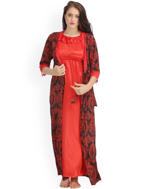 

Clovia Red & Black Printed Lace & Satin Maxi Nightdress with Robe NS0651P04O