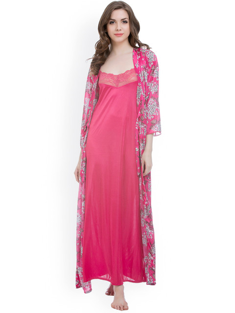 

Clovia Pink Floral Print Lace & Satin Maxi Nightdress with Robe NS0653P14O